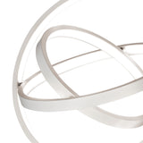 Close-up of the Mantra Orbital LED semi-flush ceiling light showing three interlocking matt white aluminium rings with diffused acrylic linings.