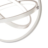 Close-up of the Mantra Orbital LED semi-flush ceiling light showing interlocking matt white aluminium rings with a chrome fixing detail.