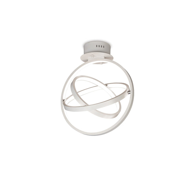 Mantra Orbital LED semi-flush ceiling light with three interlocking matt white aluminium rings forming a sculptural sphere, shown on a plain white background.