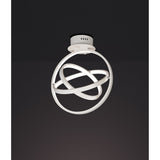 Mantra Orbital LED semi-flush ceiling light with three interlocking matt white aluminium rings in a spherical form, shown against a dark background.