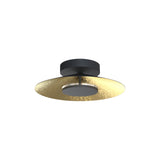 Mantra Orion LED semi-flush ceiling light with a matt black canopy and disc, gold leaf-lined dome shade, shown against a white background.