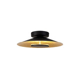 Mantra Orion LED semi-flush ceiling light with a wide matt black dome shade and gold leaf interior on a black ceiling cap, shown on a white background.