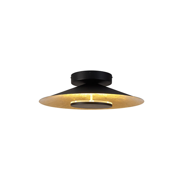 Mantra Orion LED semi-flush ceiling light with a wide matt black dome shade and gold leaf interior on a black ceiling cap, shown on a white background.