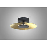 Mantra Orion LED semi-flush ceiling light with a matt black disc mount and gold leaf interior dome, shown against a light grey background.