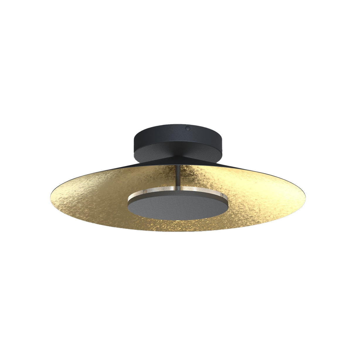 Mantra Orion LED semi-flush ceiling light with shallow dome shade, hand-applied gold leaf interior and matt black exterior, on a white background.