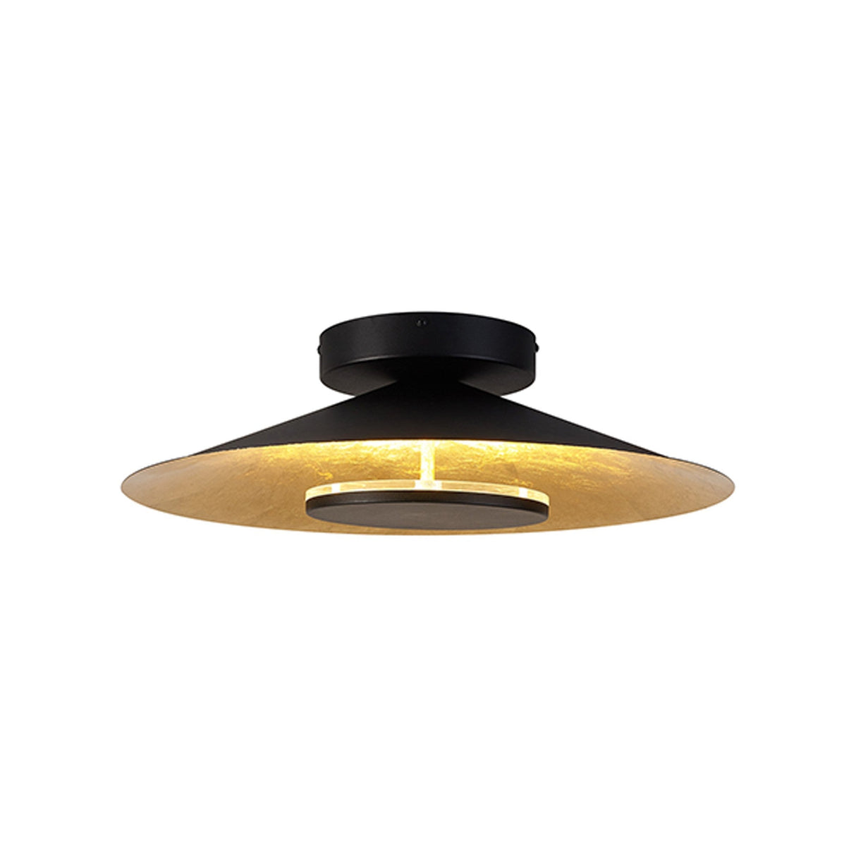 Mantra Orion LED semi-flush ceiling light with shallow matt black dome shade and hand-applied gold leaf interior on a plain white background.