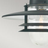 A detailed view of the Oslo Outdoor 1 Light Chain Pendant in black, showcasing its Scandinavian-inspired design with a black metal frame and clear glass casing. The glowing bulb inside is accentuated by horizontal slats, offering a sleek, contemporary aesthetic.
