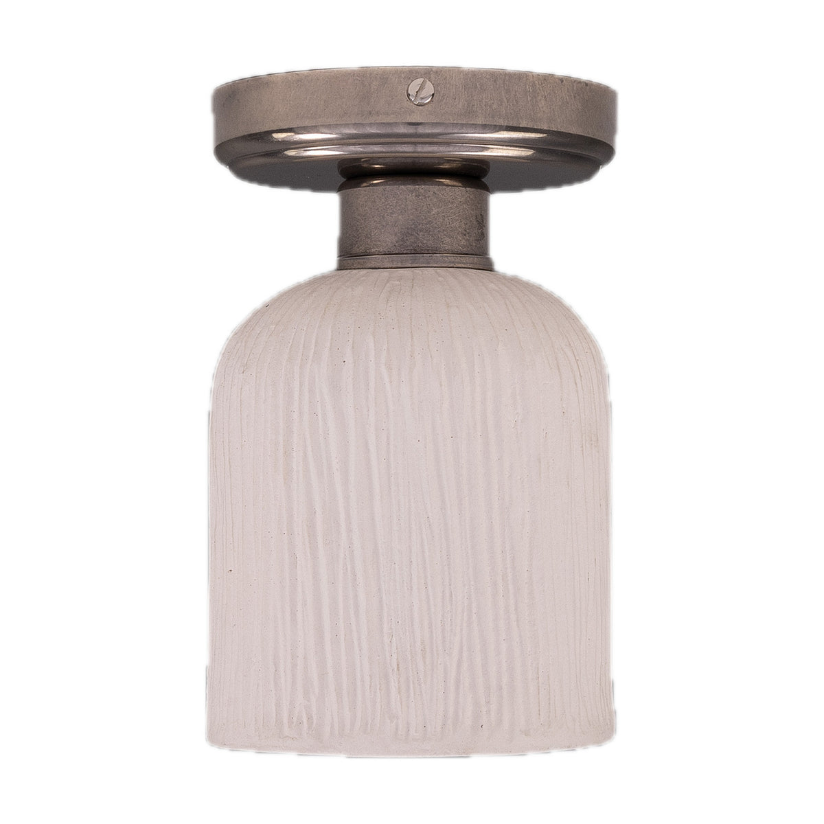 Osier Ceramic Flush Ceiling Light with a rounded, vertically striped matt white shade and round silver-toned ceiling plate, shown against a plain white background.