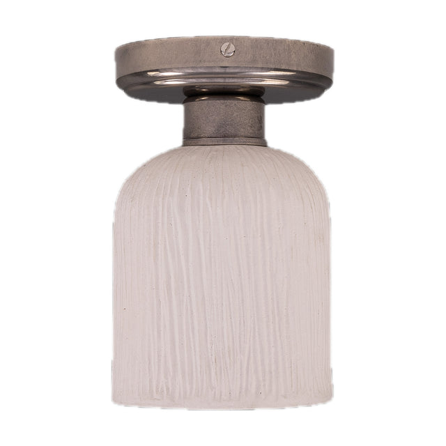 Osier Ceramic Flush Ceiling Light with a rounded, vertically striped matt white shade and round silver-toned ceiling plate, shown against a plain white background.