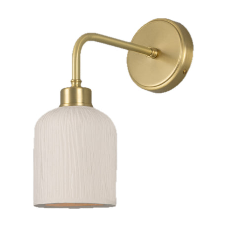 Osier Ceramic Wall Light with a matt white striped, ribbed cylindrical shade on a brushed brass swan-neck arm and round wall plate, shown on a plain white background.