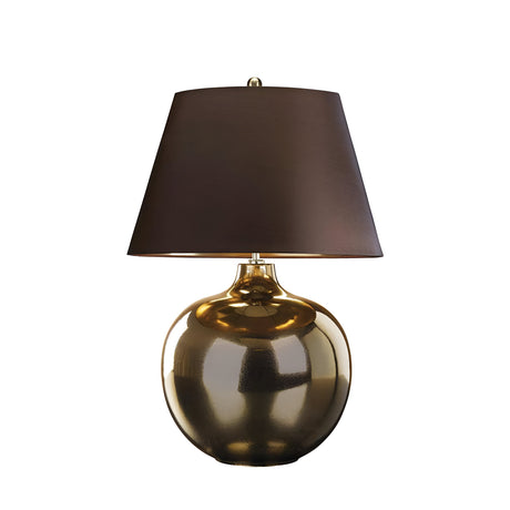 The Ottoman 1 Light Table Lamp boasts a bronze metallic finish with a dark brown faux silk shade, showcasing a cone-shaped elegance. When turned off and placed against a plain white background, its reflective base adds an element of sophistication.