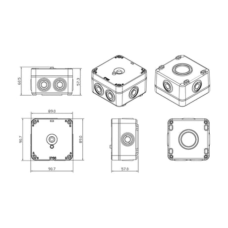 Technical line drawing of the Outdoor PIR Sensor with Photocell & Override, a black square IP66 polycarbonate box shown from multiple angles with dimensions and a central round lens.