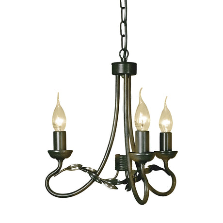 Introducing the Olivia 3 Light Chandelier in Black/Gold Patina: This exquisite fixture features three candle-shaped bulbs nestled within gracefully curved holders. Its design is further accentuated by a chain-suspended structure, showcasing handcrafted ornate swirling metalwork in a captivating black and gold patina.