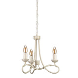 The Olivia 3 Light Chandelier features three candle-shaped light bulbs on a cream-colored metal frame, suspended by a chain. The design showcases elegant curved arms and a classic, rustic appearance, enhanced by an ivory-gold patina for that timeless touch.