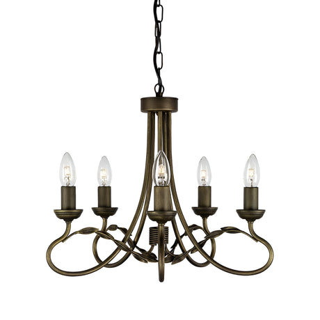 Introducing the Olivia 5 Light Chandelier - Black/Gold Patina, a vintage-inspired centerpiece featuring a handmade touch with its bronze finish and subtle black/gold patina. This elegant fixture boasts five gracefully curved arms that support candle-like bulbs, all suspended from a black chain for an enduringly classic look.