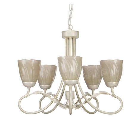 The Olivia 5 Light Chandelier - Ivory/Gold Patina showcases frosted glass shades and artistic, curved metal arms with an ivory/gold patina finish. Hanging from a chain, its timeless design adds elegance and charm to transitional interiors.