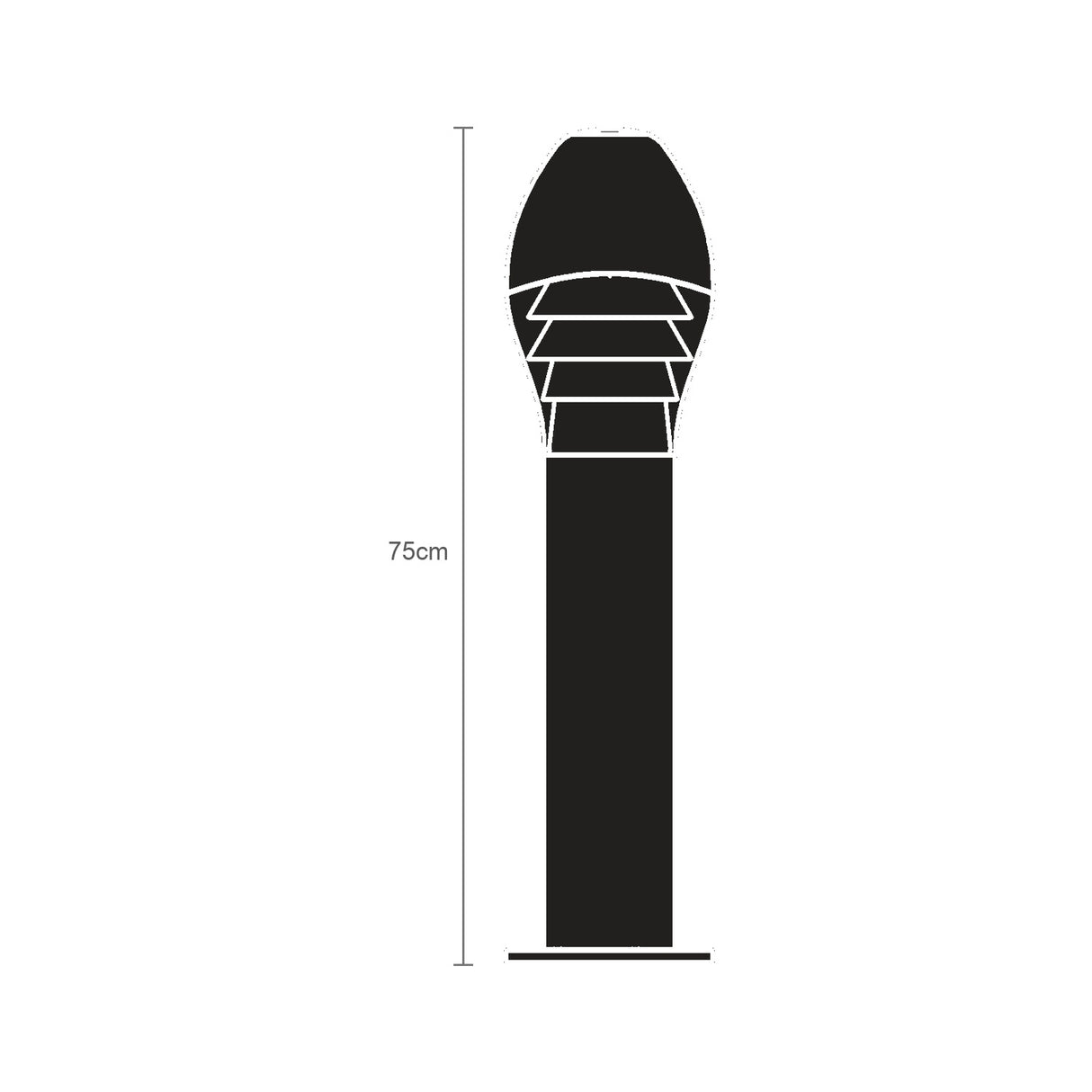 Ovolo cast aluminium outdoor bollard light, 75cm, egg-shaped louvred head on a slim pedestal base, graphite finish, shown as a black silhouette with height marker on a white background.