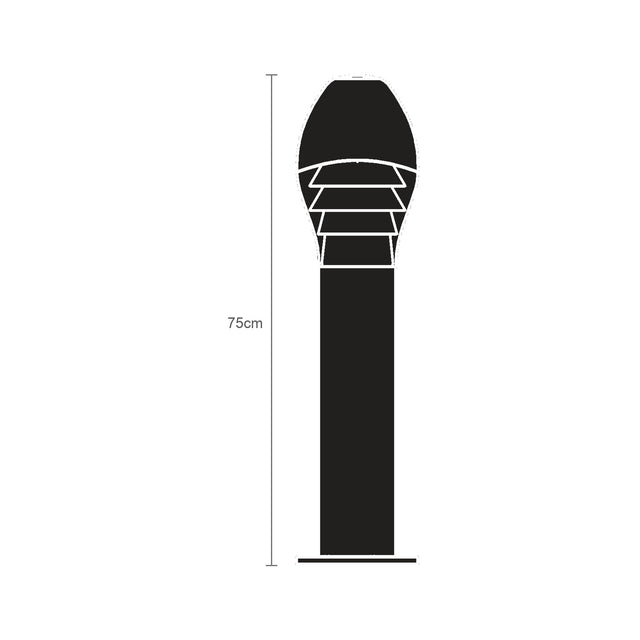 Ovolo cast aluminium outdoor bollard light, 75cm, egg-shaped louvred head on a slim pedestal base, graphite finish, shown as a black silhouette with height marker on a white background.