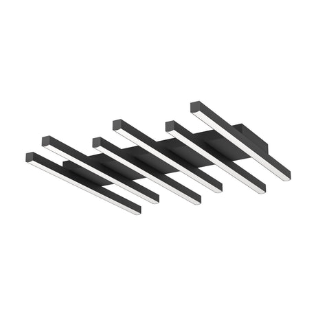 Padulari LED flush ceiling light in black, featuring six slim linear bars staggered across a stepped backplate with white diffusers, shown on a plain white background.