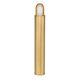 The Paignton 1 Light Bollard - Brushed Brass showcases a tall, cylindrical design crafted with solid brass construction. It features a rounded top with a visible bulb, set against a plain white background. Its sleek, modern aesthetic is highlighted by a metal frame that encircles the bulb and displays its brushed brass finish.