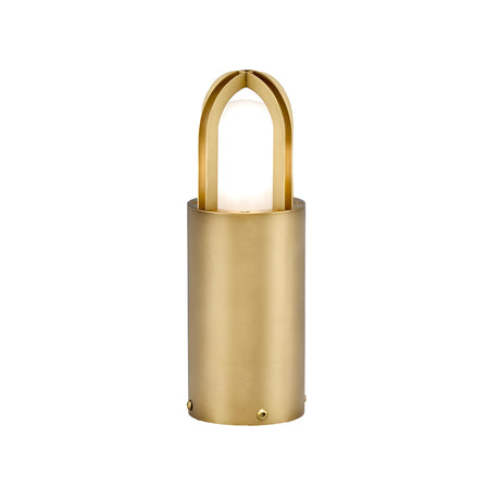 Introducing the Paignton 1 Light Mini Bollard - Brushed Brass, a contemporary table lamp that showcases a glowing light bulb encased by two arched supports on a cylindrical base. Its sleek and minimalist design features a warm brushed brass finish, adding sophistication to any setting.