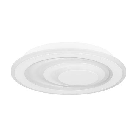 Palagiano 1 LED flush ceiling light, 30cm round fixture in white steel and plastic with off-centre stepped rings, shown on a plain white background.