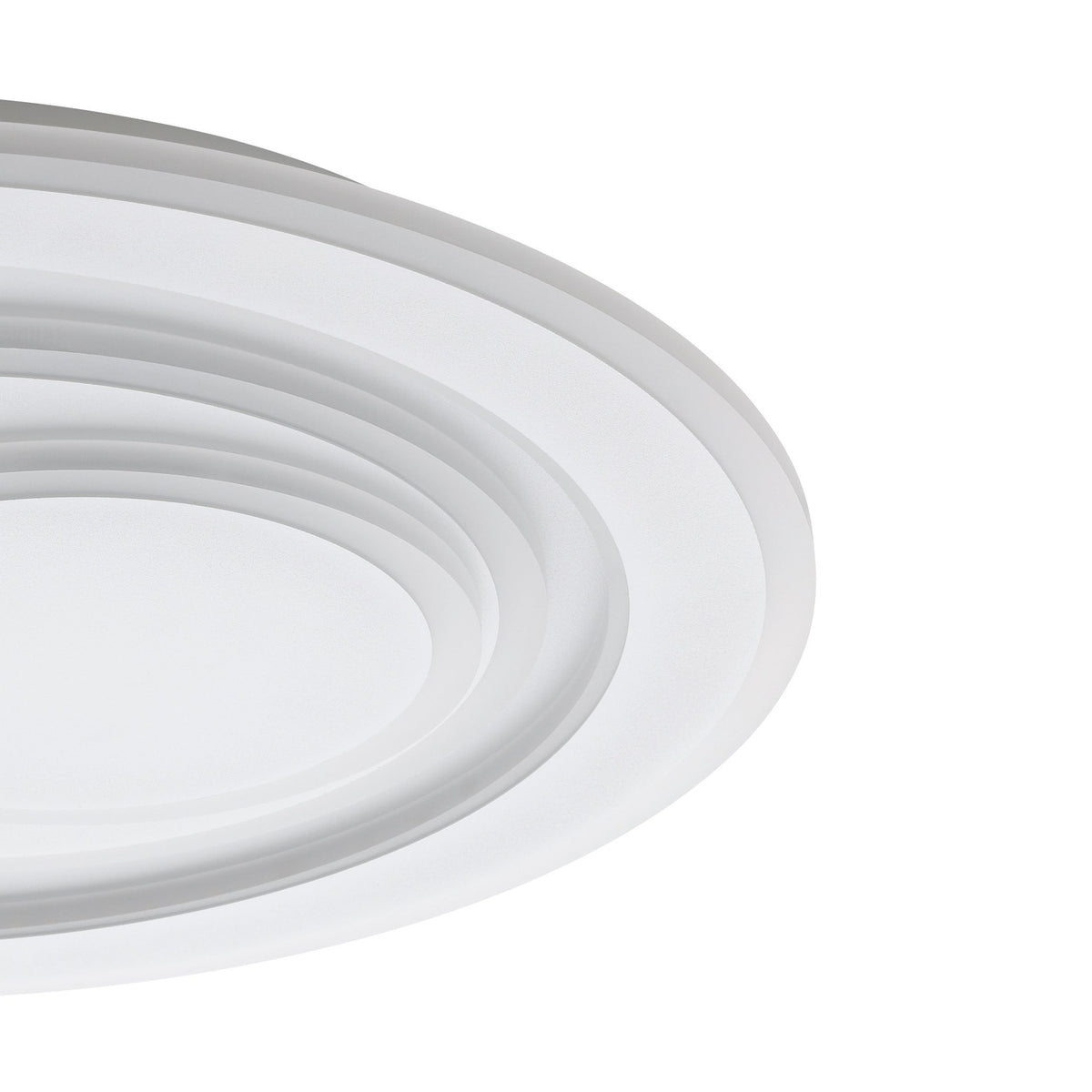 Close-up of the Palagiano 1 LED flush ceiling light, 48cm, showing its white plastic disc with off-centre stepped rings for a layered effect, on a plain background.