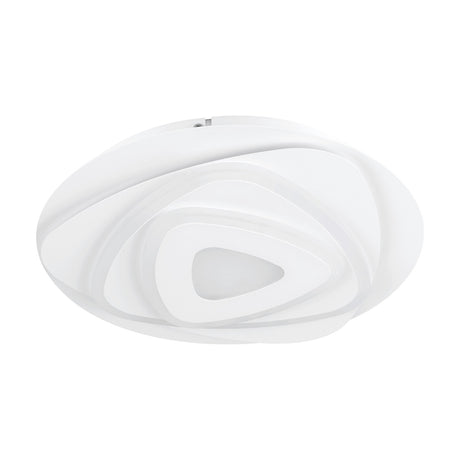 Palagiano LED flush ceiling light, 30cm round white steel base with layered triangular rings in satin white plastic and steel around a central diffuser, shown on a plain white background.