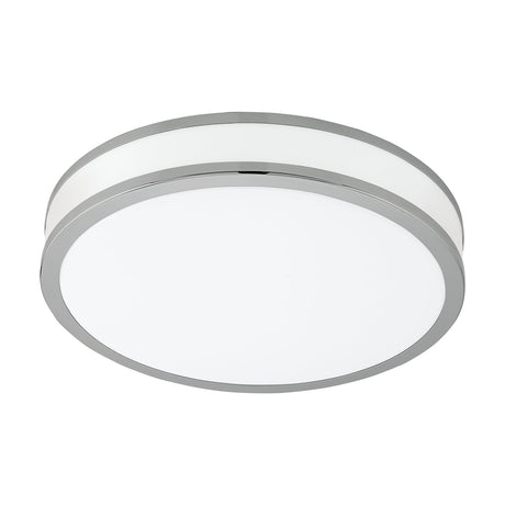 Palermo 2 LED Flush Ceiling Light in white, round steel body with a white plastic diffuser and chrome trim edge, shown on a plain white background.