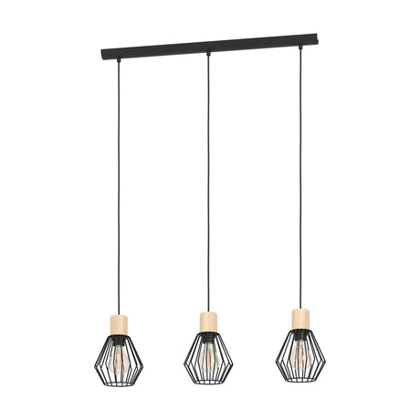 Palmorla Linear Pendant Light featuring a black ceiling bar with three suspended black wire cage shades and light wood lamp holders, shown on a plain white background.