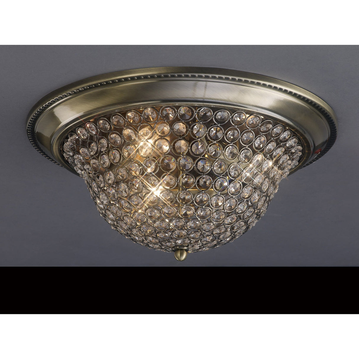 Paloma 3 Light Large Crystal Flush Ceiling Light - Antique Brass