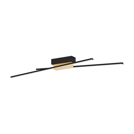Panagria LED flush ceiling light with two slim black bars crossing at an angle, joined by a wood block under a black canopy, shown on a plain white background.