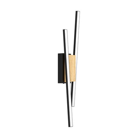 Panagria LED wall light with two crossed black bars and white diffusers, joined by a wood-grain centre block on a black wall plate, shown on a plain white background.