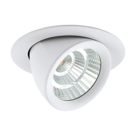 Pantaleo LED Downlight in white, round recessed trim with a tiltable scoop-shaped head, cast aluminium body and clear glass front over a faceted reflector, shown on a plain white background.