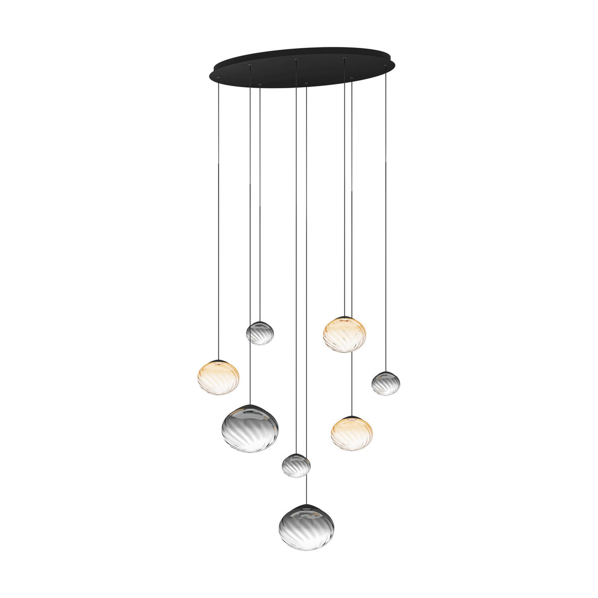 Pantoja 8 Light Pendant with ribbed amber and smoke glass globes at varying heights on fine cords from a black oval steel canopy, shown on a plain white background.