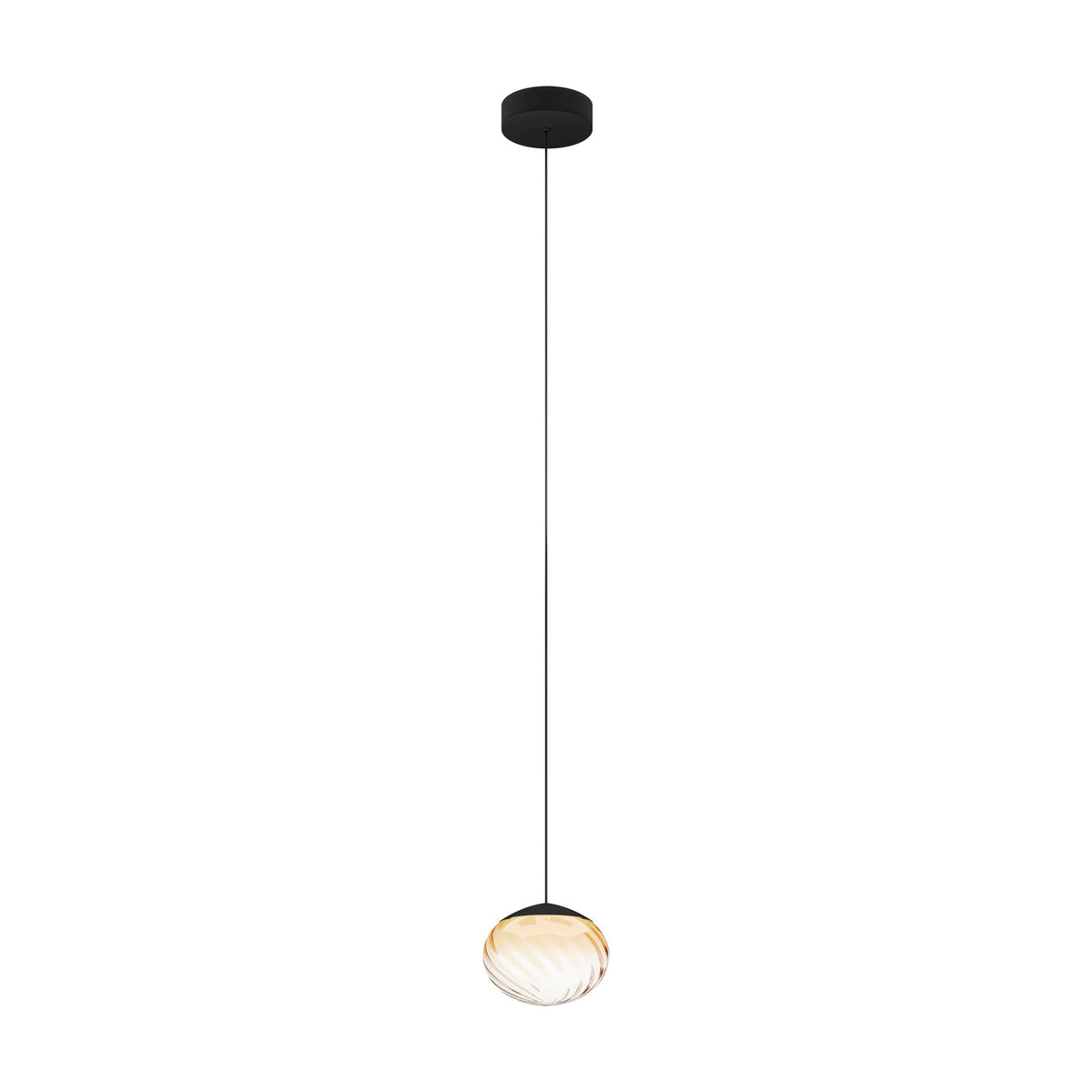 Pantoja pendant light with a single round amber ribbed glass globe on a black cord and round black ceiling canopy, steel black finish, shown on a plain white background.
