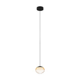 Pantoja pendant light with a single round amber ribbed glass globe on a black cord and round black ceiling canopy, steel black finish, shown on a plain white background.