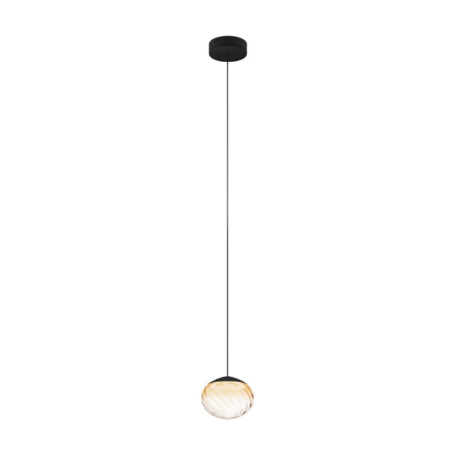 Pantoja pendant light with a single round amber ribbed glass globe on a black cord and round black ceiling canopy, steel black finish, shown on a plain white background.