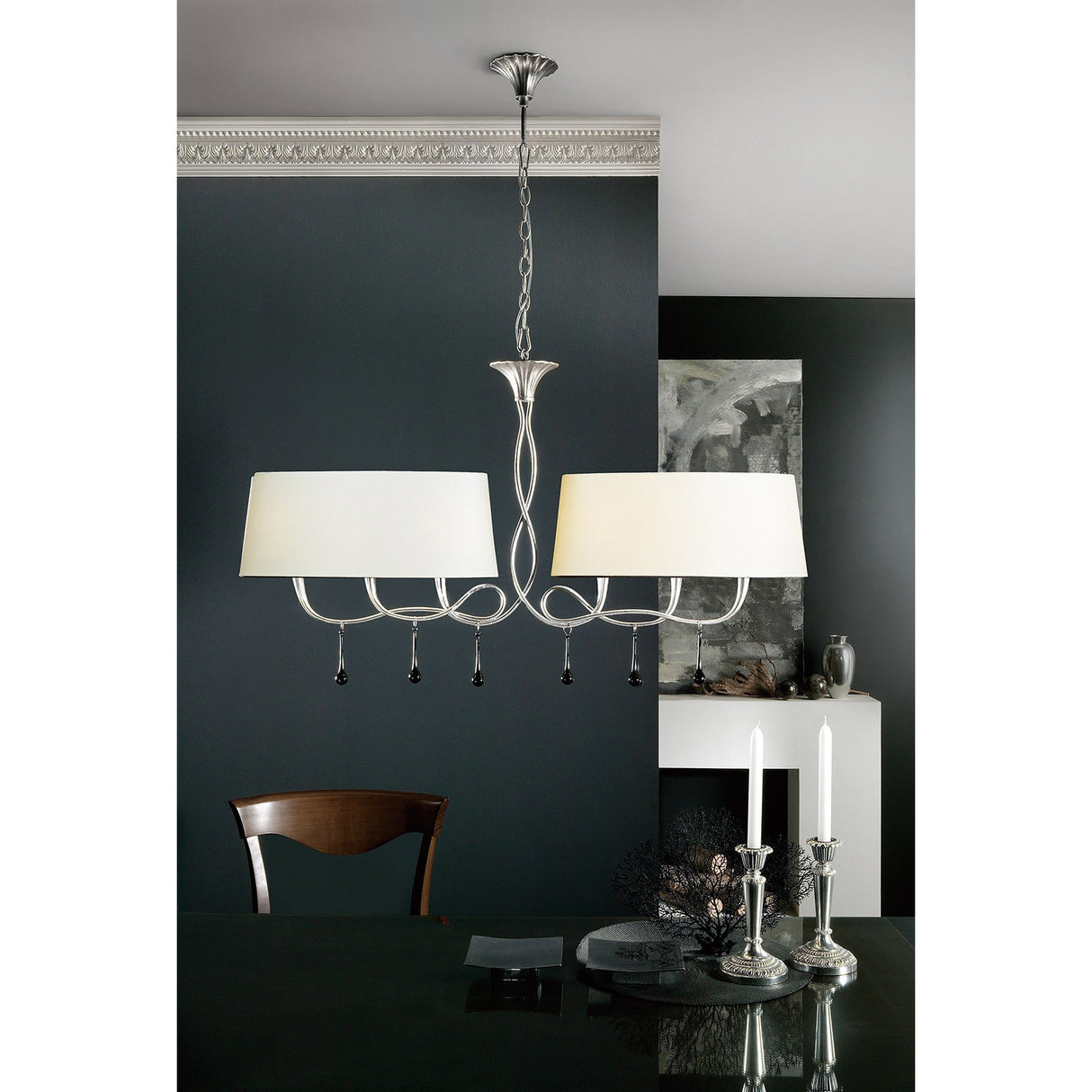 Paola Linear 2 Arm 6 Light Chandelier - Silver With Cream Shades