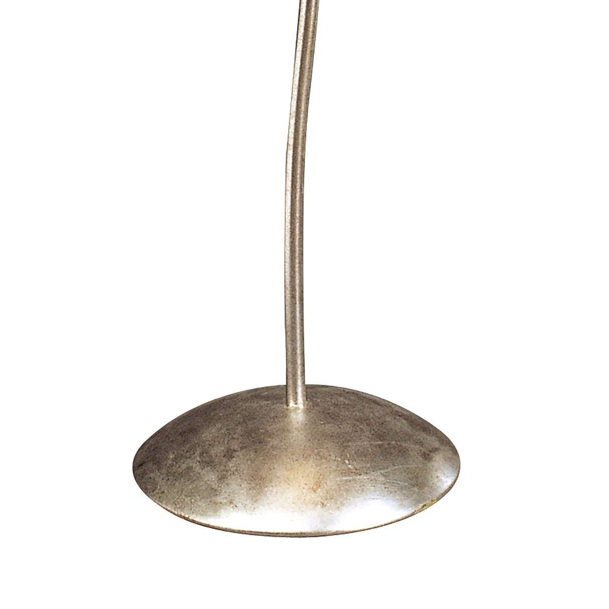 The Paola 1 Light Floor Lamp features a sleek silver, dome-shaped base with a slender curved pole, black shade, and glass droplets, all set against a white background.