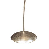 The Paola 1 Light Floor Lamp features a sleek silver, dome-shaped base with a slender curved pole, black shade, and glass droplets, all set against a white background.