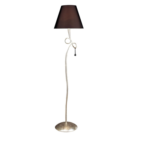 The Paola 1 Light Floor Lamp features a curvy silver stand with decorative loop detail, a black shade, round silver base, and elegant glass droplets hanging below the shade.