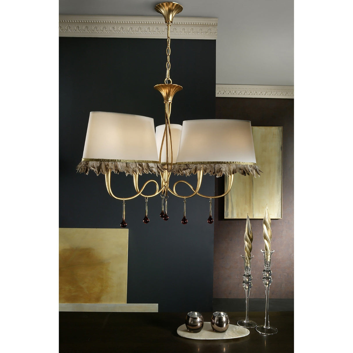 Paola 64cm 3 Arm 6 Light Chandelier - Gold With Cream Shades
