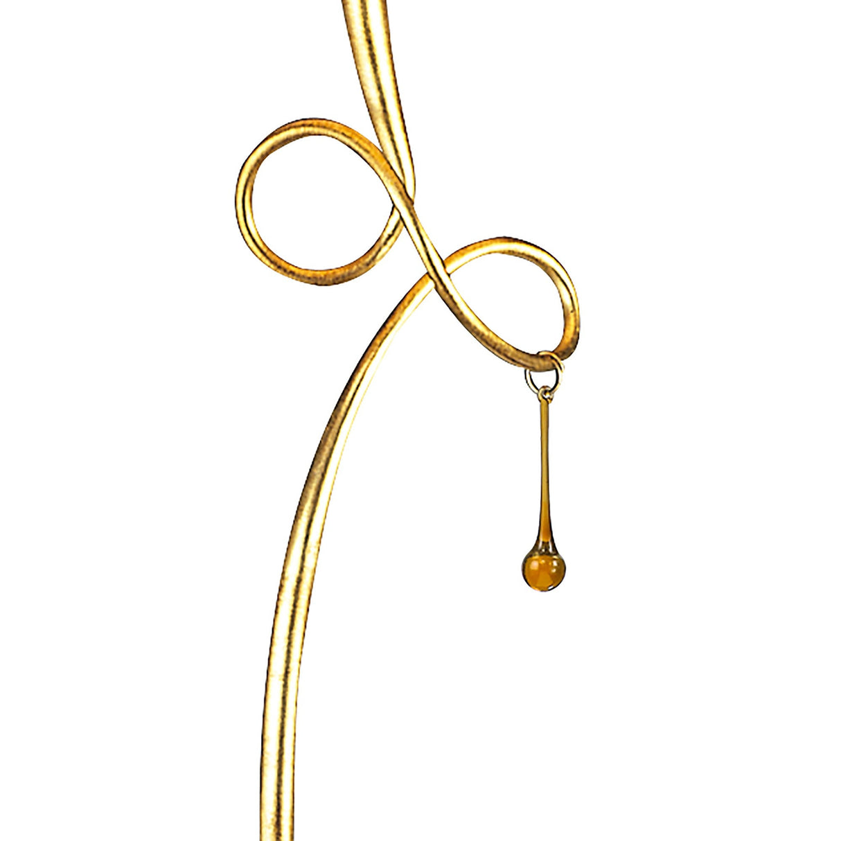 The Paola 1 Light Floor Lamp features a gold, curved abstract metal body with a dangling glass droplet, black shade, and elegant design—isolated on a white background.