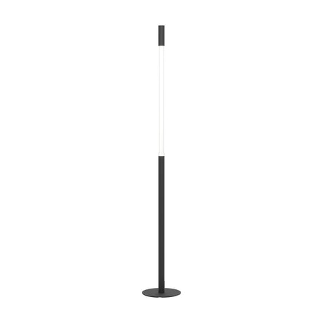 Parabita LED Floor Lamp with slim black steel pole, round flat base, and white plastic diffuser strip, shown on a plain white background.