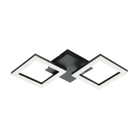 Paranday Smart LED Flush Ceiling Light 47cm in black, featuring two diagonal square rings with white plastic diffusers on a steel body and compact square canopy, shown on a plain white background.