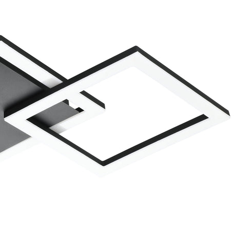 Paranday Smart LED Flush Ceiling Light 65cm in Black, close-up of overlapping square frames with black steel rims and white diffuser panels, shown against a plain white background.