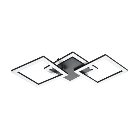 Paranday Smart LED Flush Ceiling Light 65cm in black steel, featuring three overlapping square frames with white diffuser panels around a central ceiling plate, shown on a plain white background.