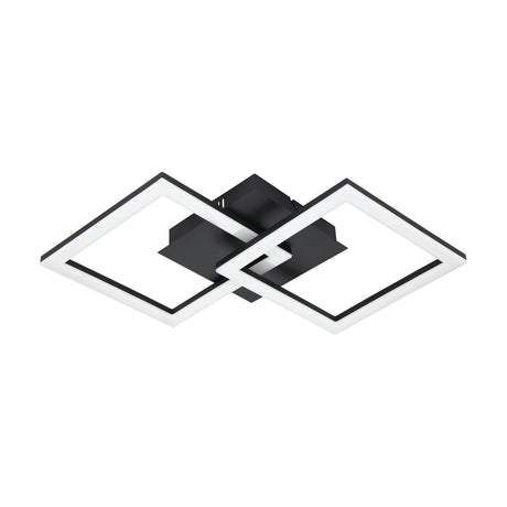 Paranday Smart LED Flush Ceiling Light in black steel, featuring two interlocking diamond-shaped frames with white diffusers on a rectangular ceiling plate, shown on a plain white background.