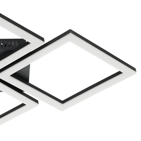 Close-up of the Paranday smart LED ceiling light showing overlapping square frames in a black steel finish with white plastic diffusers, set against a plain white background.